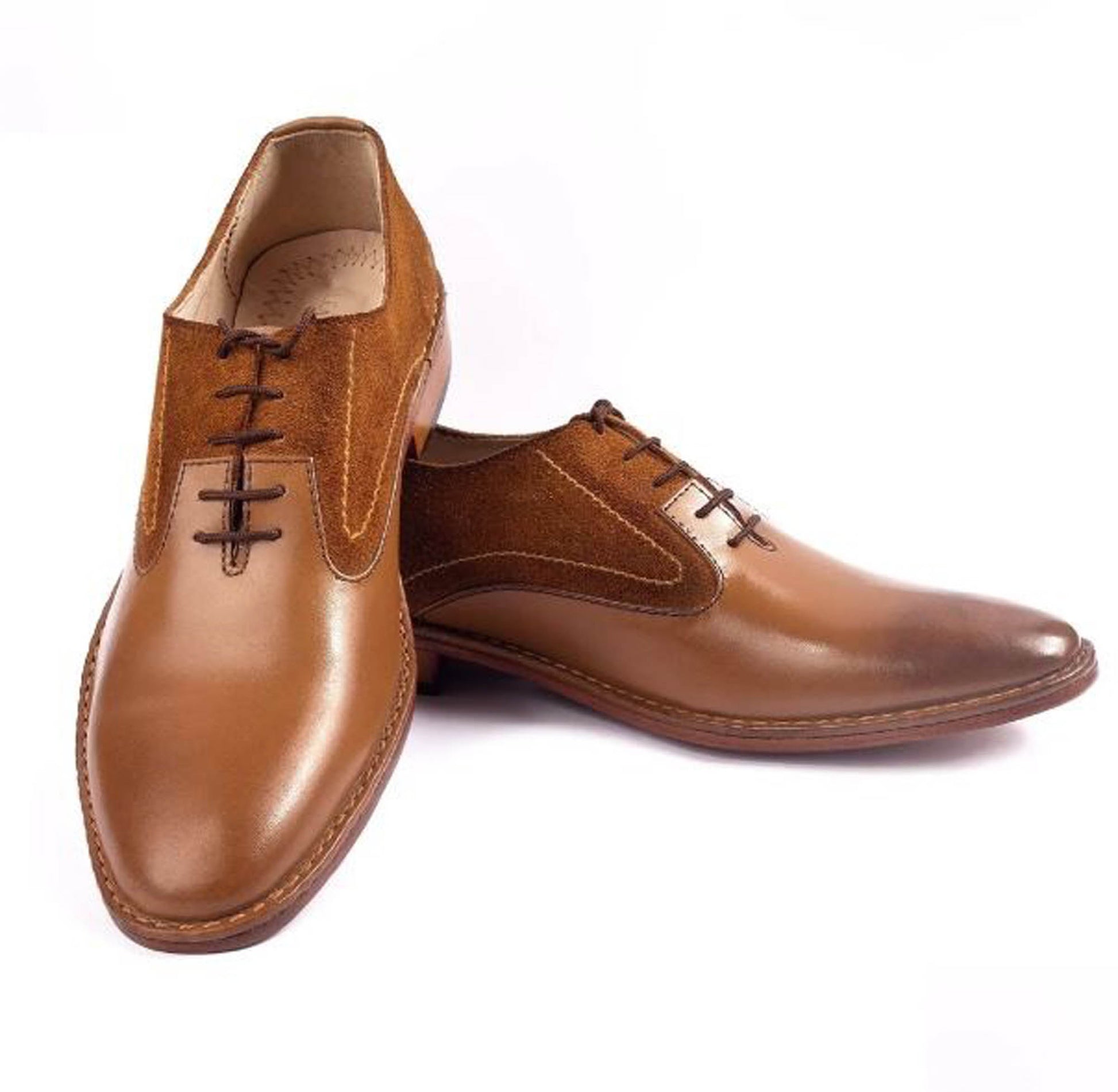 Handmade Tan Color Genuine Leather & Suede Stylish Oxfords Dress Shoes For Men's