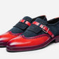 Handmade Red & Black Color Genuine Calf Leather and Suede Stylish Wing Tip Slip-On Kiltie Monk Strap Loafers Shoes For Men's