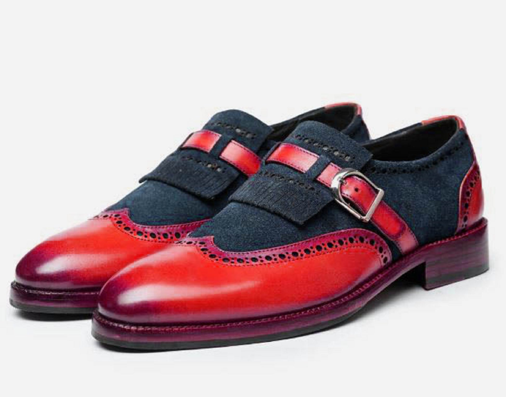 Handmade Red & Black Color Genuine Calf Leather and Suede Stylish Wing Tip Slip-On Kiltie Monk Strap Loafers Shoes For Men's