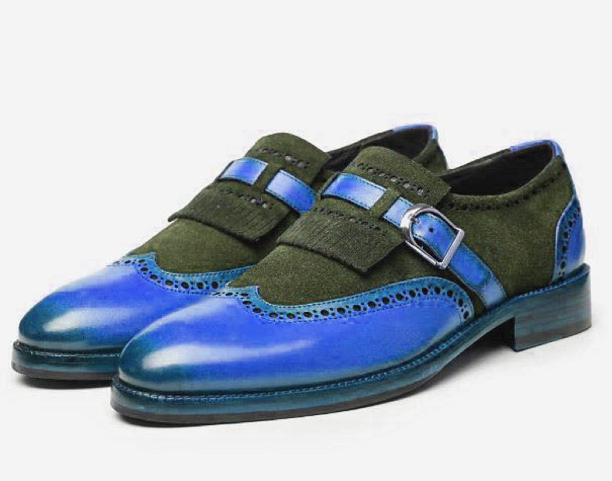 Handmade Blue & Black Color Genuine Calf Leather and Suede Stylish Wing Tip Slip-On Kiltie Monk Strap Loafers Shoes For Men's