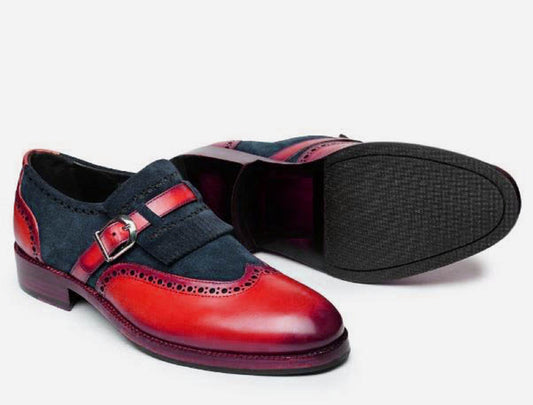 Handmade Red & Black Color Genuine Calf Leather and Suede Stylish Wing Tip Slip-On Kiltie Monk Strap Loafers Shoes For Men's