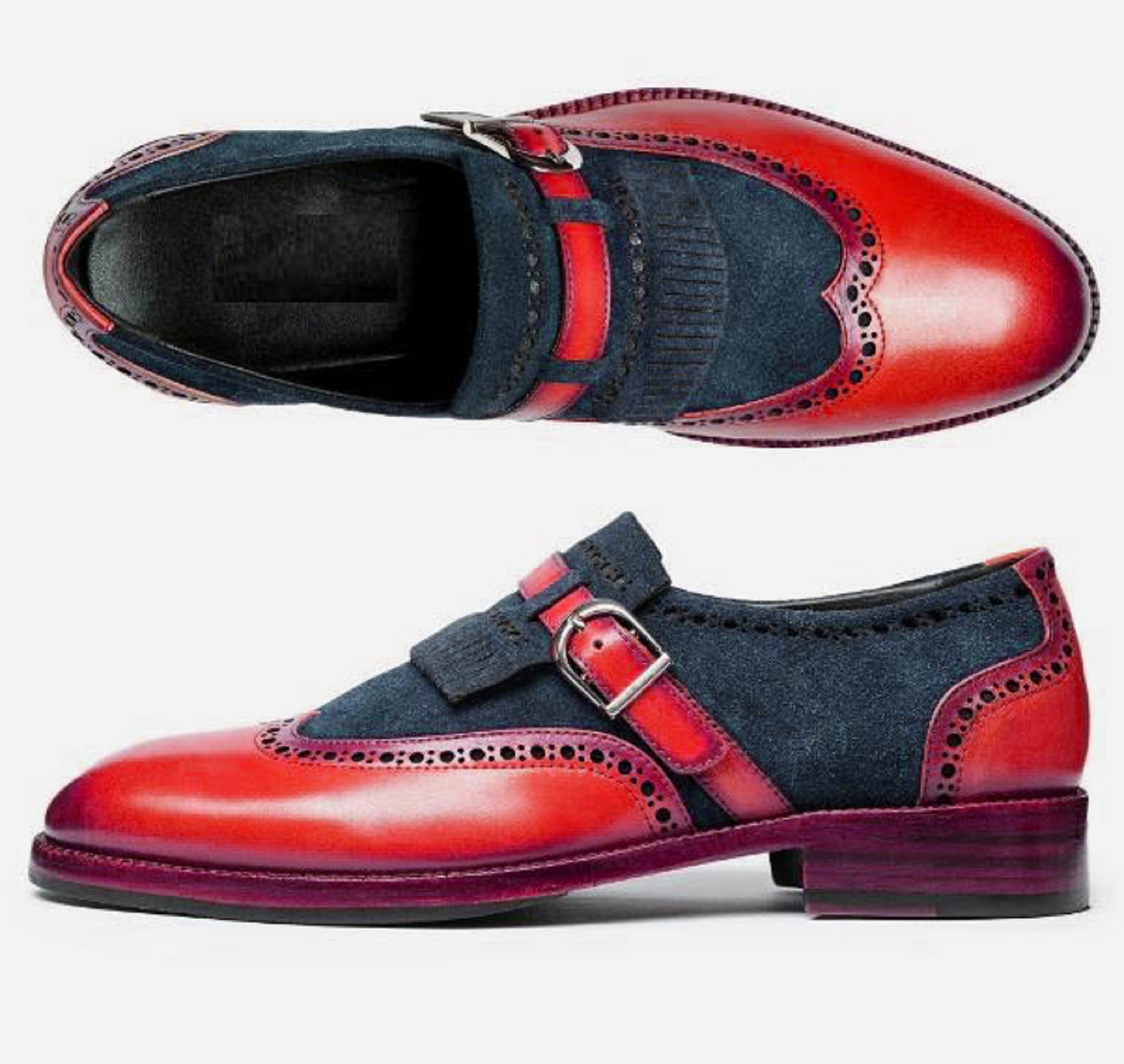 Handmade Red & Black Color Genuine Calf Leather and Suede Stylish Wing Tip Slip-On Kiltie Monk Strap Loafers Shoes For Men's