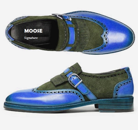 Handmade Blue & Black Color Genuine Calf Leather and Suede Stylish Wing Tip Slip-On Kiltie Monk Strap Loafers Shoes For Men's