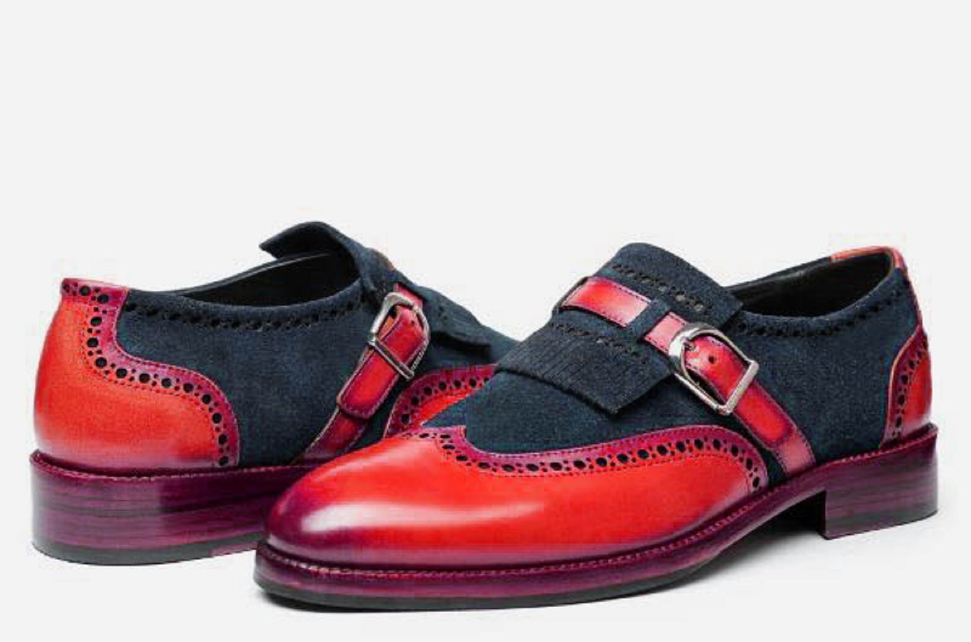 Handmade Red & Black Color Genuine Calf Leather and Suede Stylish Wing Tip Slip-On Kiltie Monk Strap Loafers Shoes For Men's