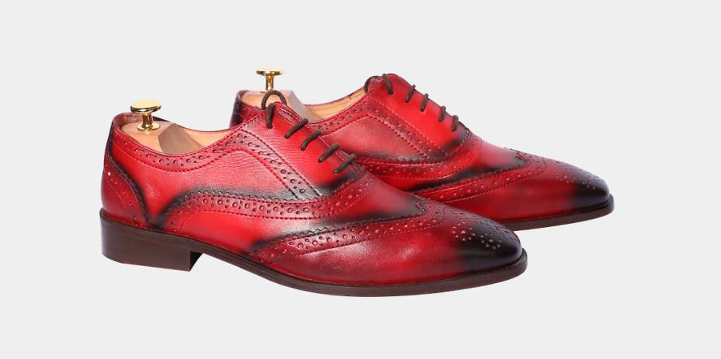 Handmade Red Color Genuine Leather Brogue's  Wing Tip Lace Up Stylish Oxfords Dress Shoes For Men's