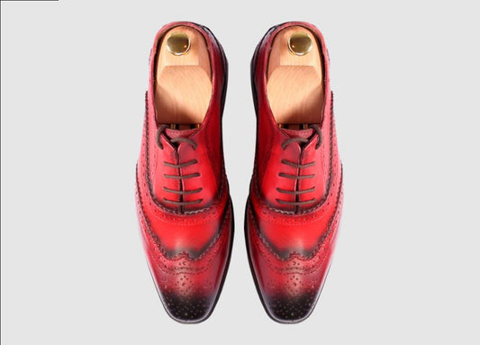 Handmade Red Color Genuine Leather Brogue's  Wing Tip Lace Up Stylish Oxfords Dress Shoes For Men's