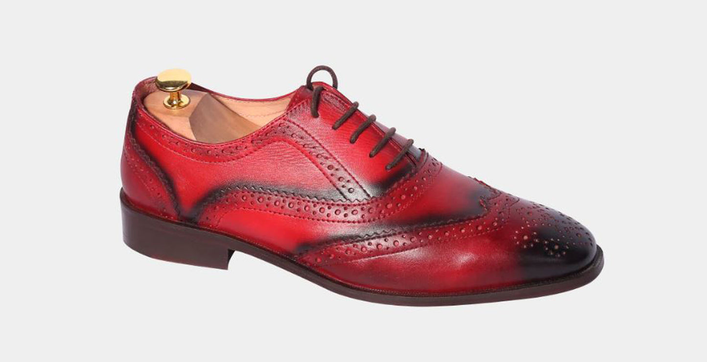 Handmade Red Color Genuine Leather Brogue's  Wing Tip Lace Up Stylish Oxfords Dress Shoes For Men's