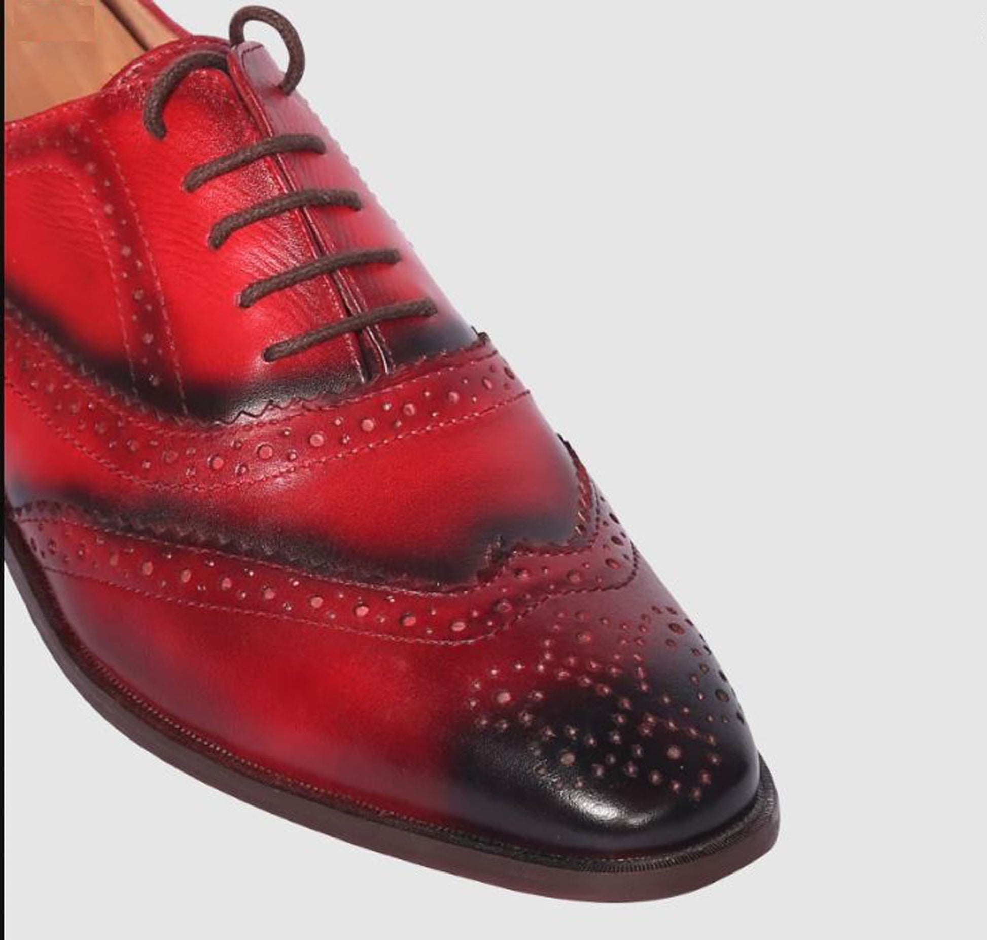 Handmade Red Color Genuine Leather Brogue's  Wing Tip Lace Up Stylish Oxfords Dress Shoes For Men's