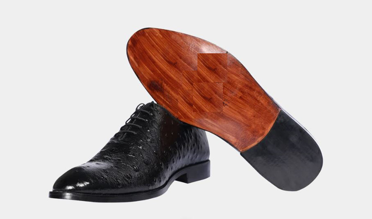 Handmade Black Color Genuine Leather Ostrich Skin Stylish Lace Up Shoes For Men's