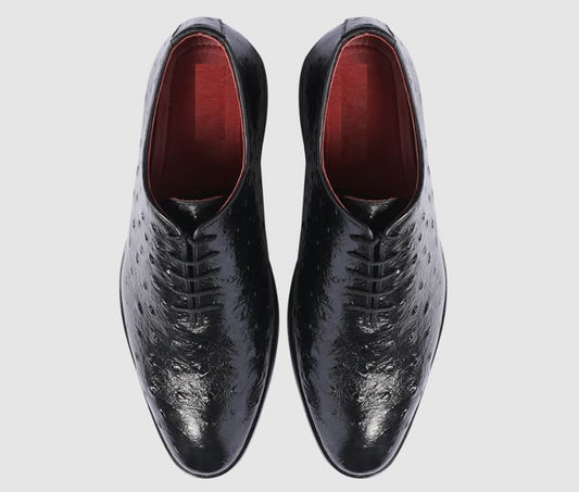 Handmade Black Color Genuine Leather Ostrich Skin Stylish Lace Up Shoes For Men's