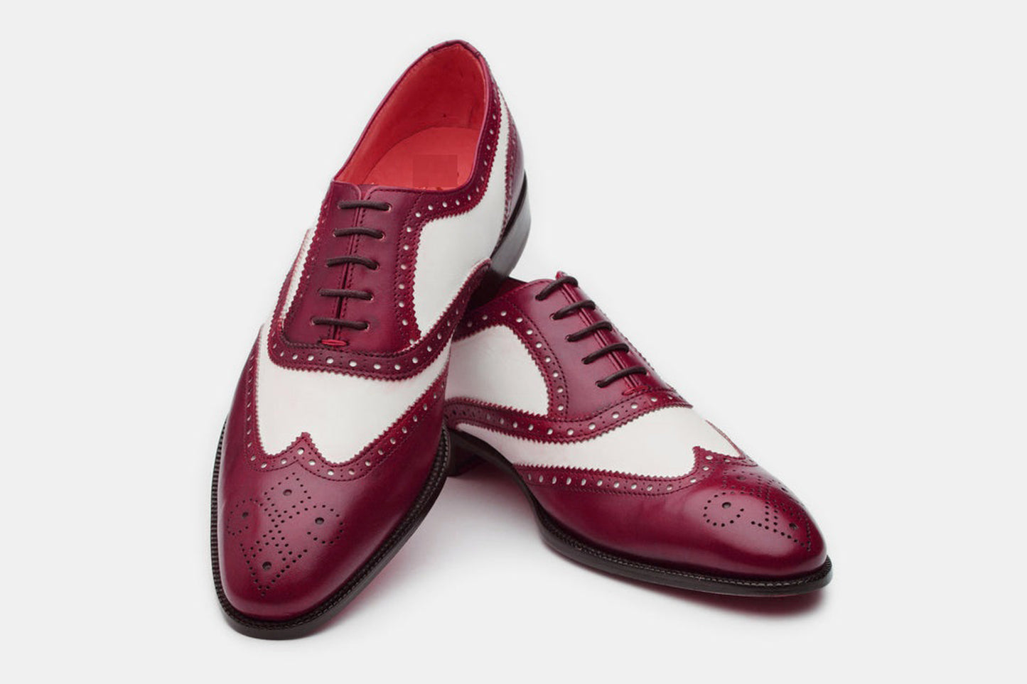 Handmade Burgundy & White Color Genuine Leather Wing Tip Brogues Stylish Oxfords Dress Shoes For Men's