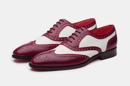 Handmade Burgundy & White Color Genuine Leather Wing Tip Brogues Stylish Oxfords Dress Shoes For Men's