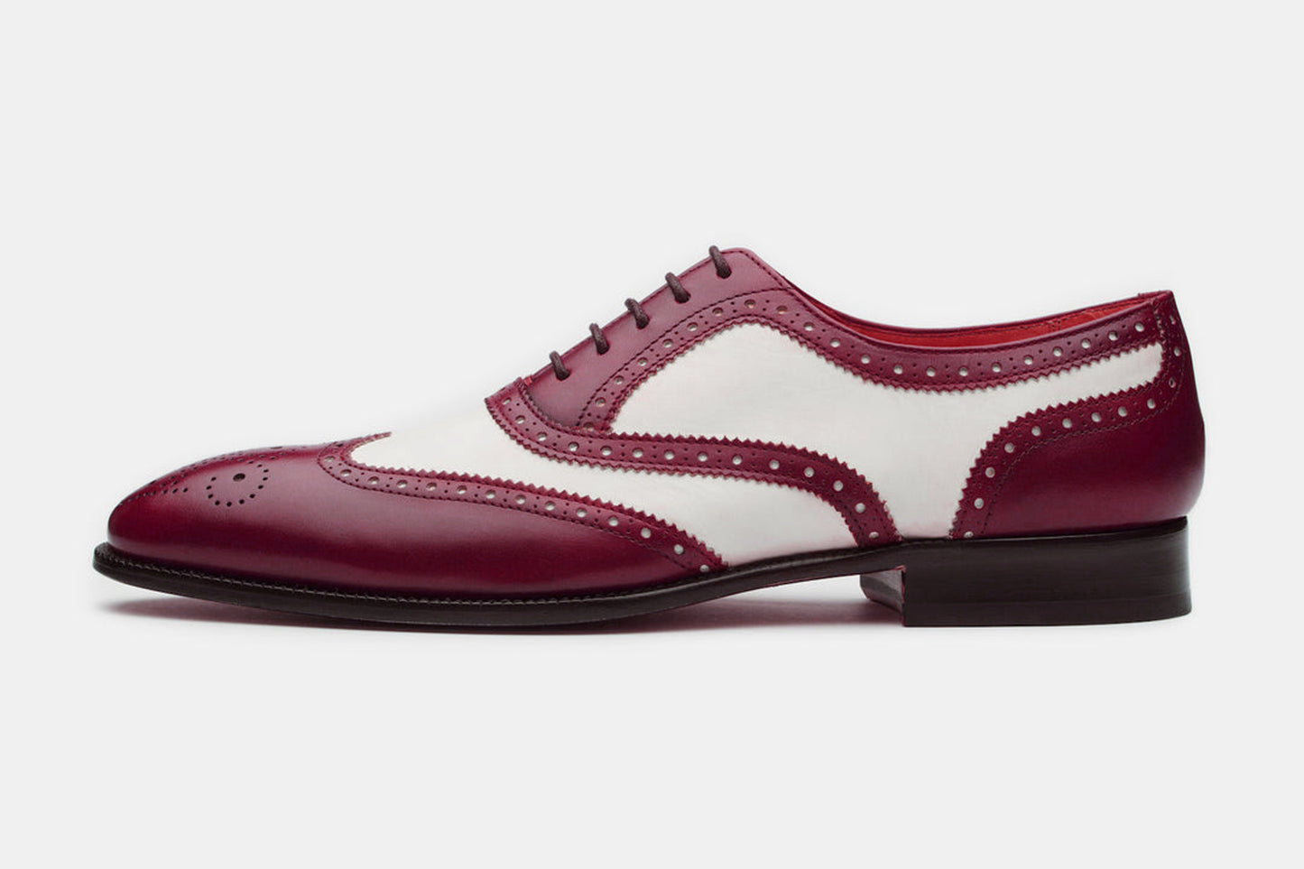 Handmade Burgundy & White Color Genuine Leather Wing Tip Brogues Stylish Oxfords Dress Shoes For Men's