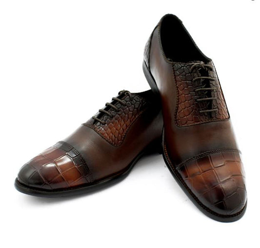 Handmade Chocolate Brown Color Genuine Leather Alligator Textured Stylish Cap Toe Lace Up Shoes For Men's