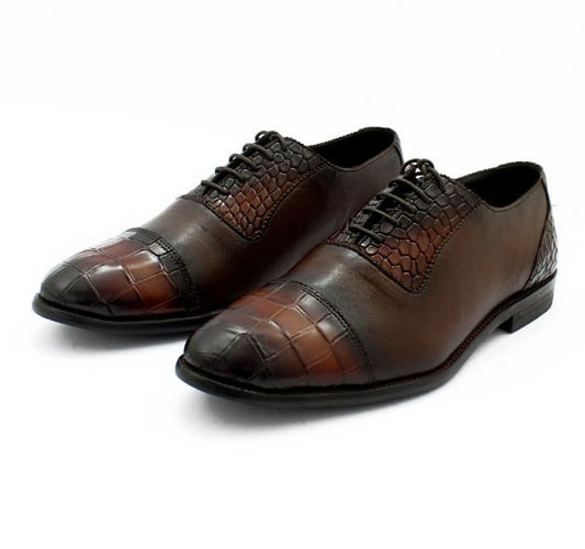 Handmade Chocolate Brown Color Genuine Leather Alligator Textured Stylish Cap Toe Lace Up Shoes For Men's