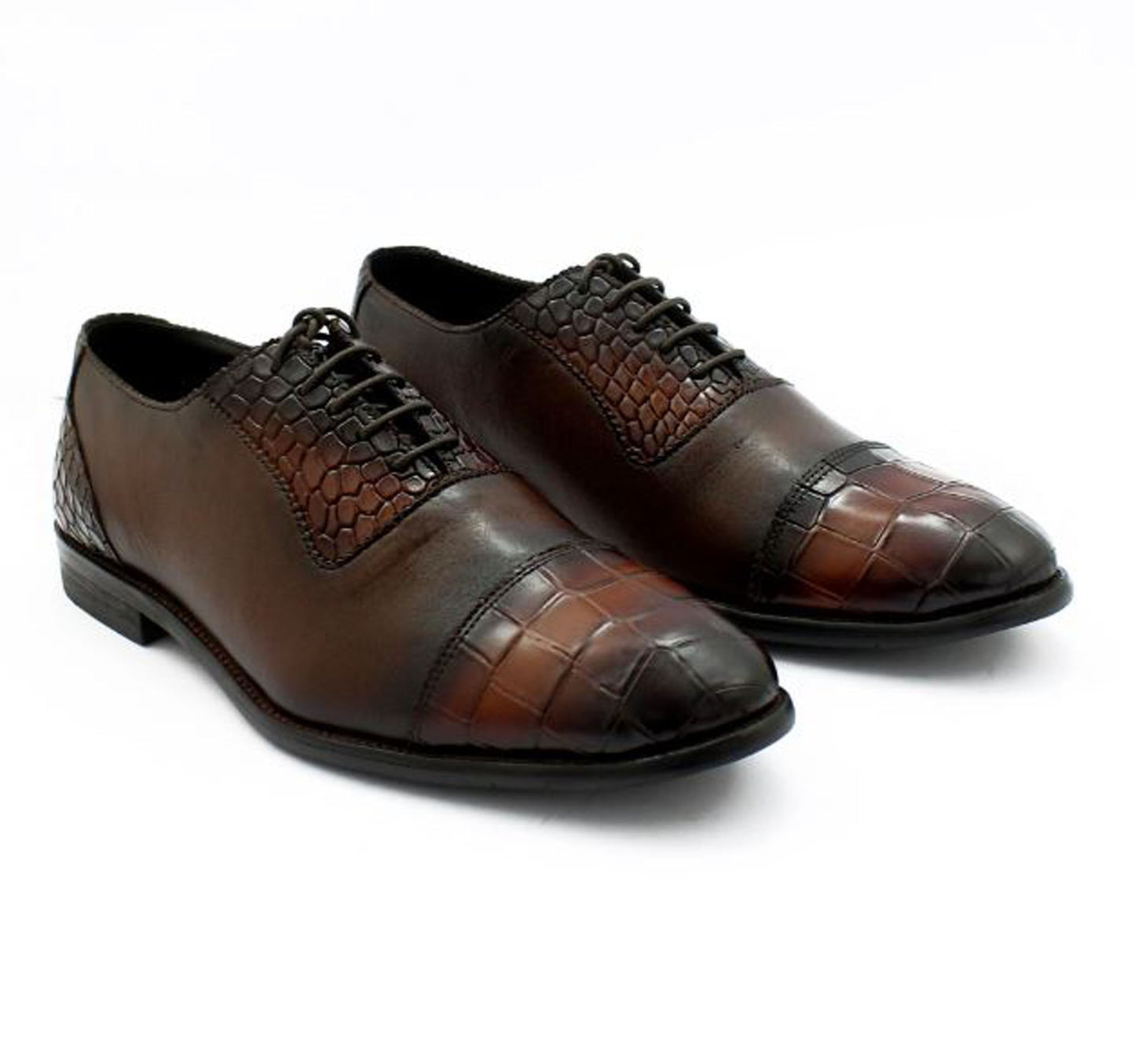 Handmade Chocolate Brown Color Genuine Leather Alligator Textured Stylish Cap Toe Lace Up Shoes For Men's