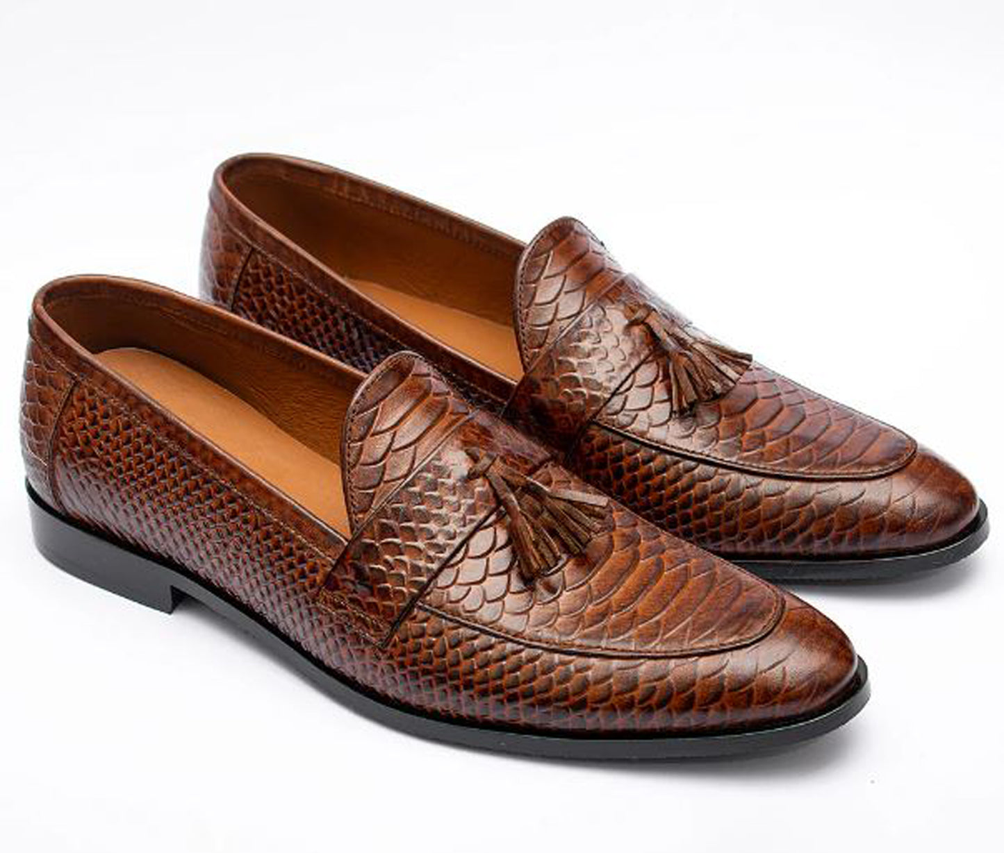 Handmade Brown Color Genuine Snake Textured Cow Leather Stylish Slip On Tasseled Loafers Dress Shoes For Men's