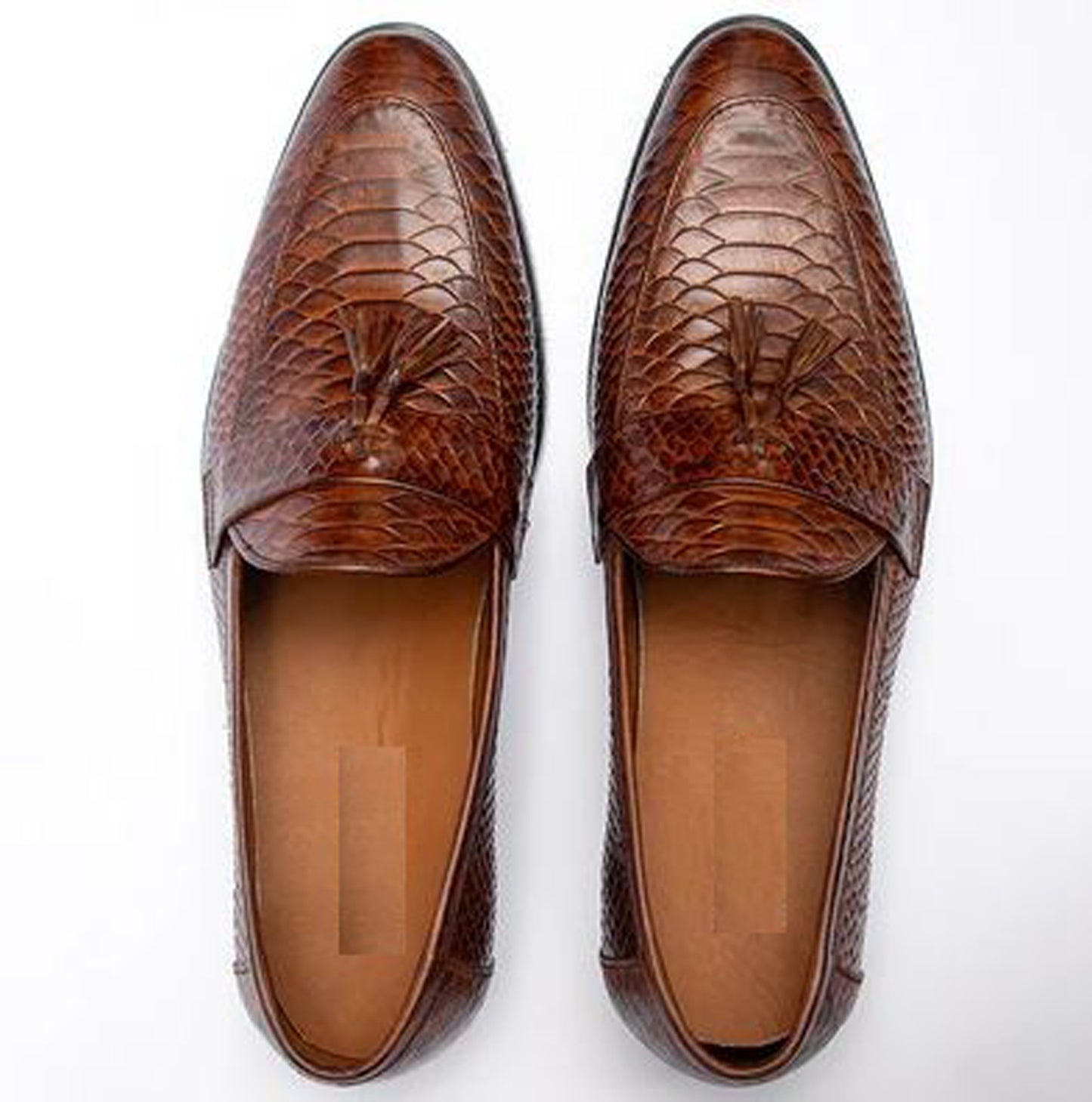 Handmade Brown Color Genuine Snake Textured Cow Leather Stylish Slip On Tasseled Loafers Dress Shoes For Men's