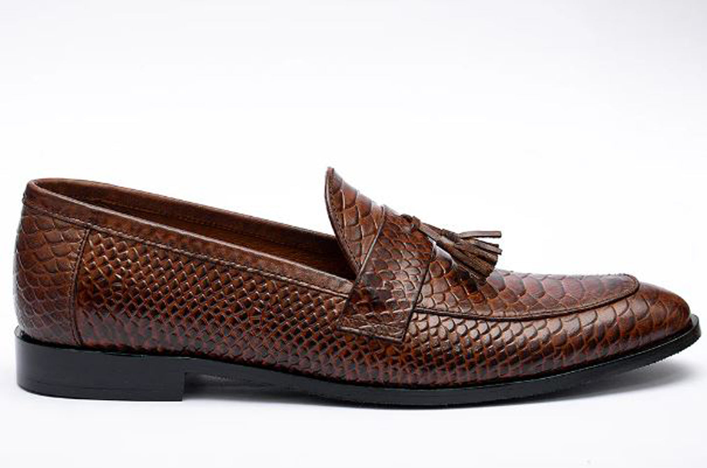 Handmade Brown Color Genuine Snake Textured Cow Leather Stylish Slip On Tasseled Loafers Dress Shoes For Men's