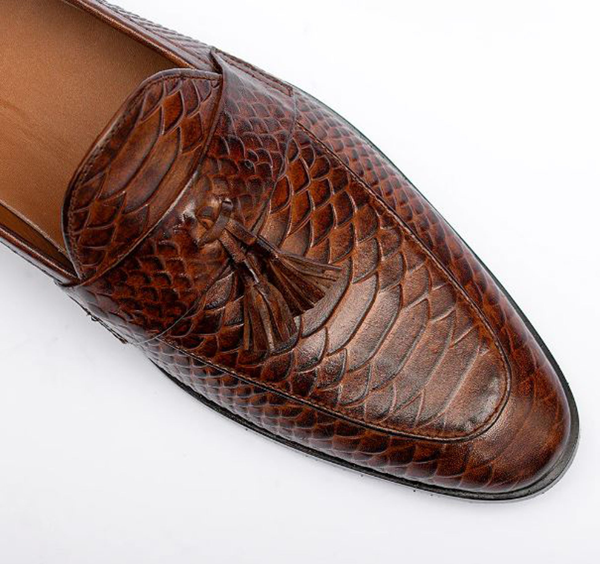 Handmade Brown Color Genuine Snake Textured Cow Leather Stylish Slip On Tasseled Loafers Dress Shoes For Men's