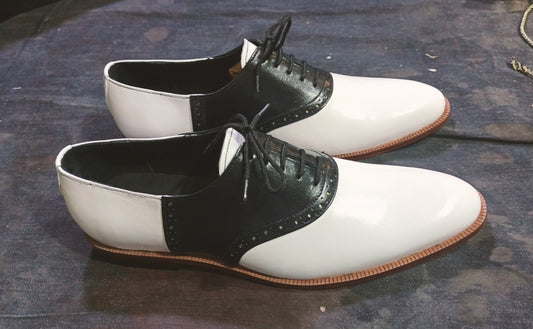 Handmade White & Black Color Original Calf Leather Stylish Lace Up Derby Shoes For Men's