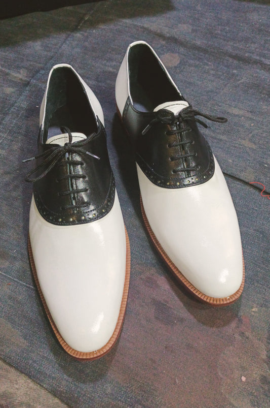 Handmade Black & White Color Genuine Calf Leather Stylish Lace Up Derby Shoes For Men's