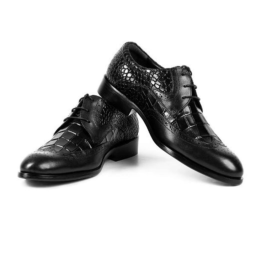 Handmade Black Color Genuine Leather Alligator Textured Stylish Brogue's Wing Tip Lace Up Shoes For Men's