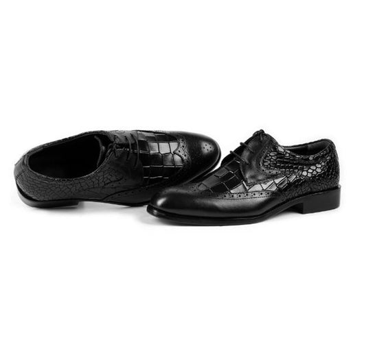 Handmade Black Color Genuine Leather Alligator Textured Stylish Brogue's Wing Tip Lace Up Shoes For Men's