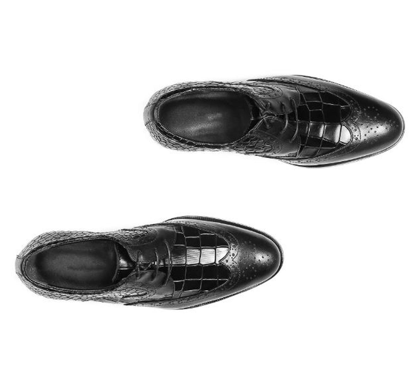 Handmade Black Color Genuine Leather Alligator Textured Stylish Brogue's Wing Tip Lace Up Shoes For Men's