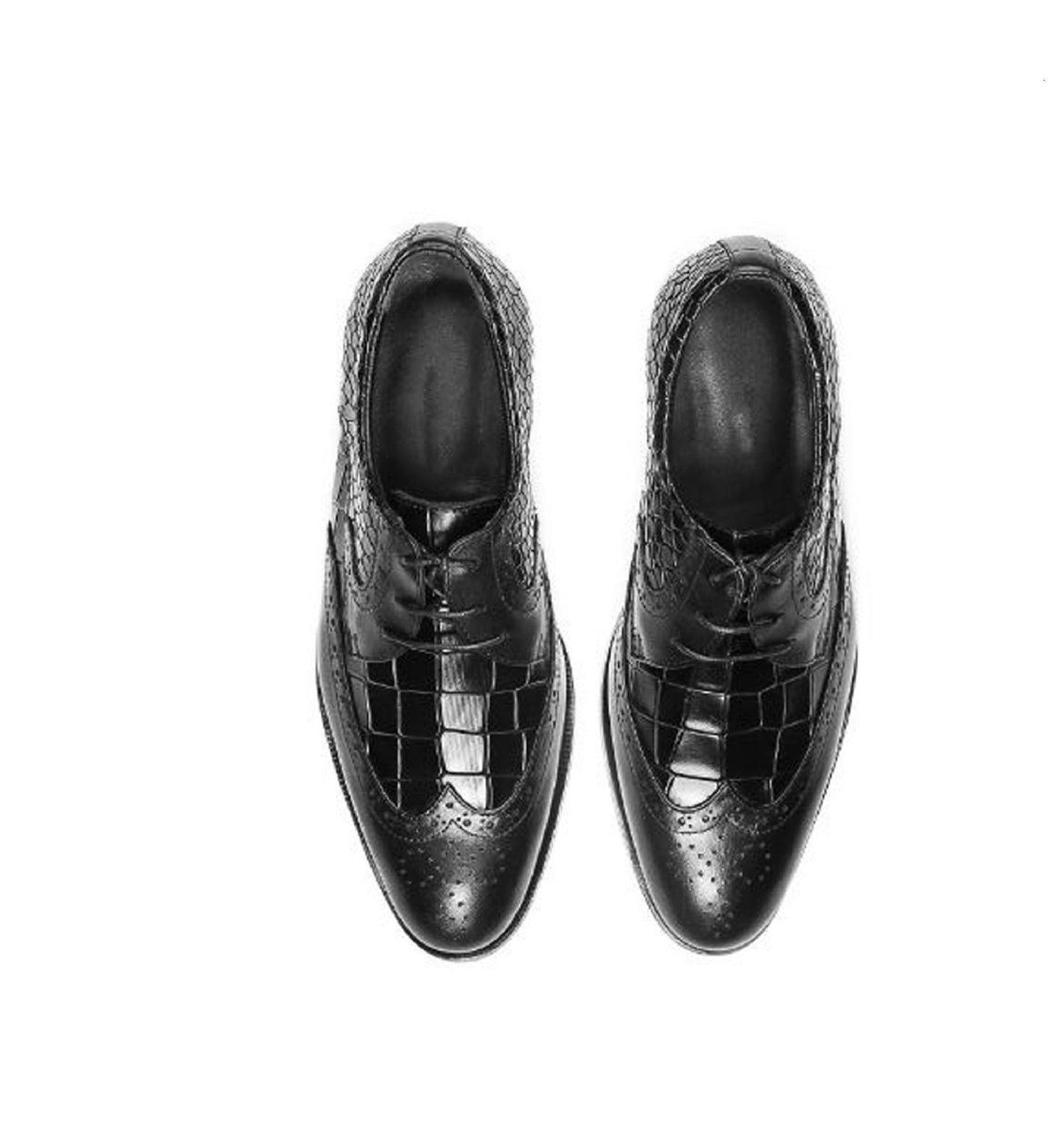 Handmade Black Color Genuine Leather Alligator Textured Stylish Brogue's Wing Tip Lace Up Shoes For Men's