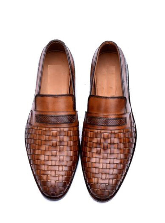 Handmade Brown Color Genuine Weaved Calf Leather Stylish Slip On Loafers Dress Shoes For Men's