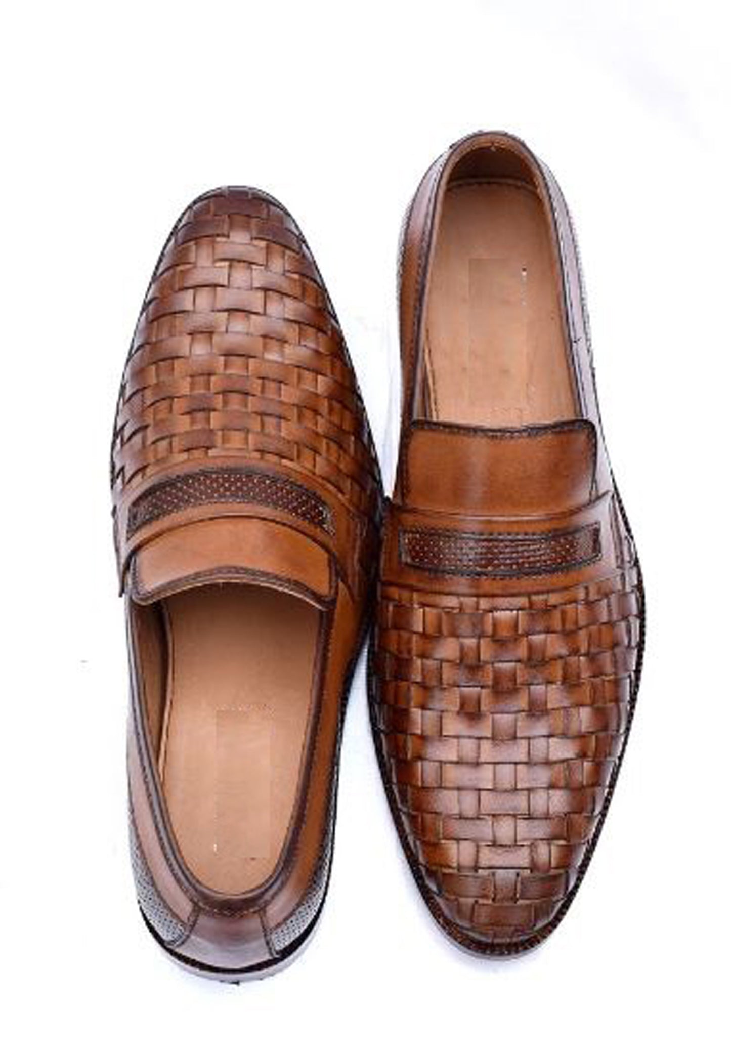 Handmade Brown Color Genuine Weaved Calf Leather Stylish Slip On Loafers Dress Shoes For Men's