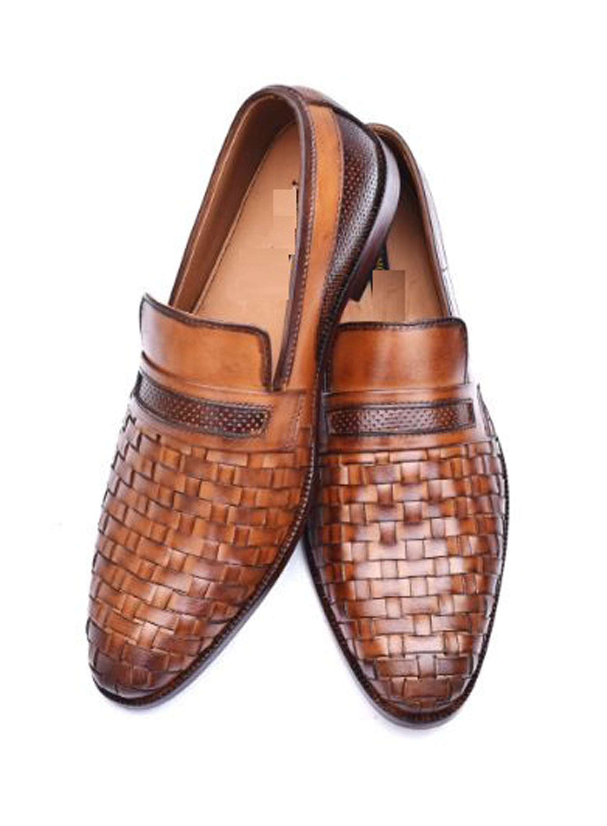 Handmade Brown Color Genuine Weaved Calf Leather Stylish Slip On Loafers Dress Shoes For Men's