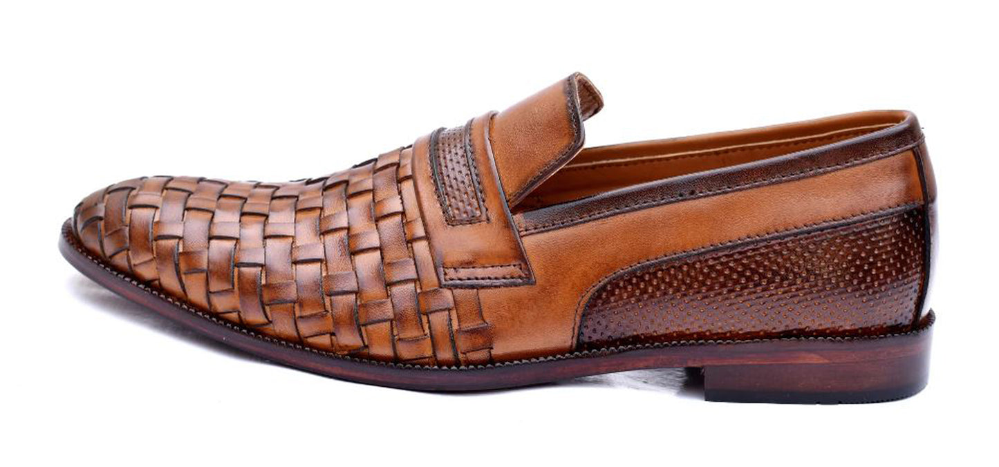 Handmade Brown Color Genuine Weaved Calf Leather Stylish Slip On Loafers Dress Shoes For Men's