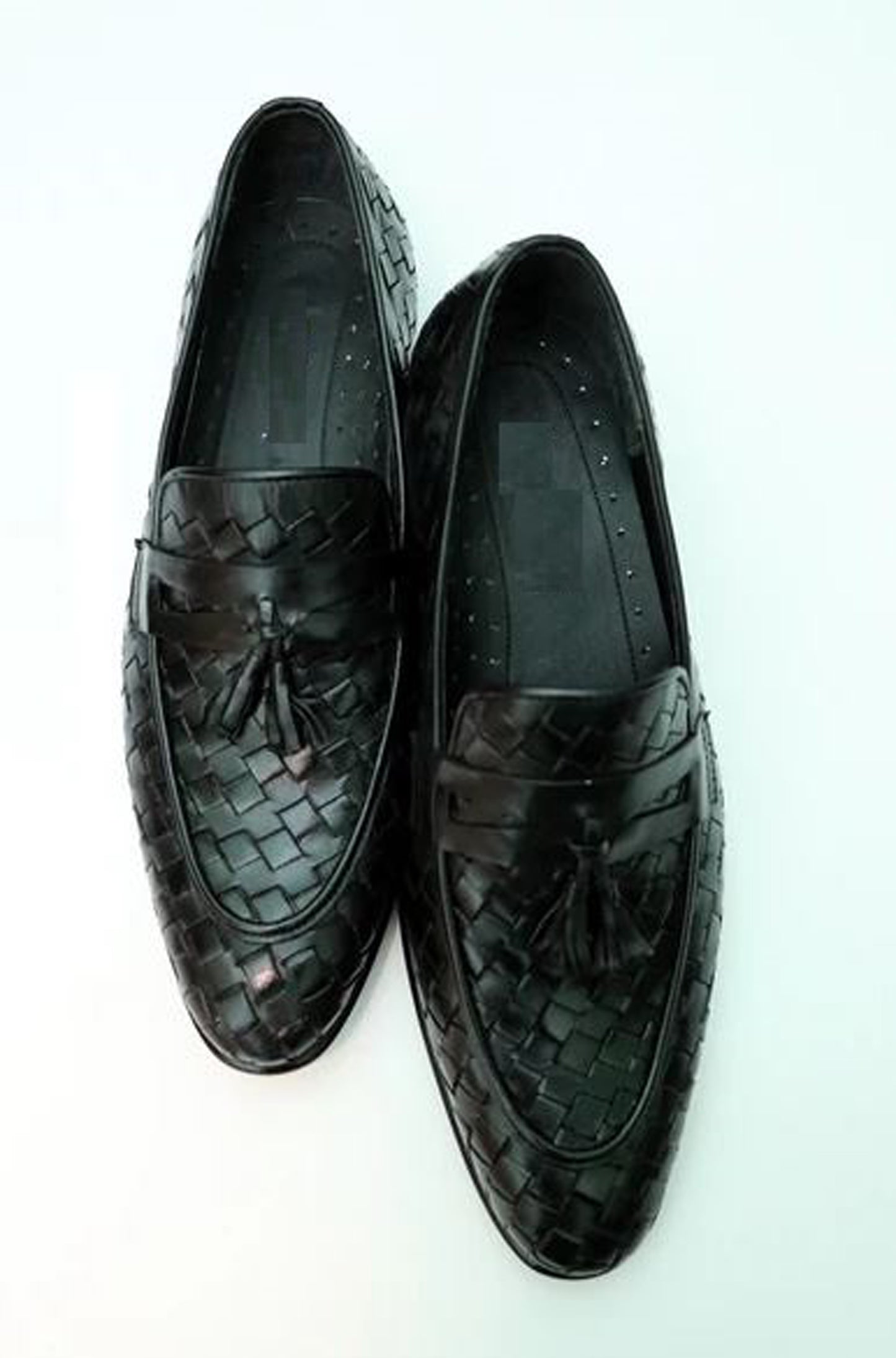 Handmade Black Color Genuine Weaved Calf Leather Stylish Slip On Tasseled Loafers Dress Shoes For Men's