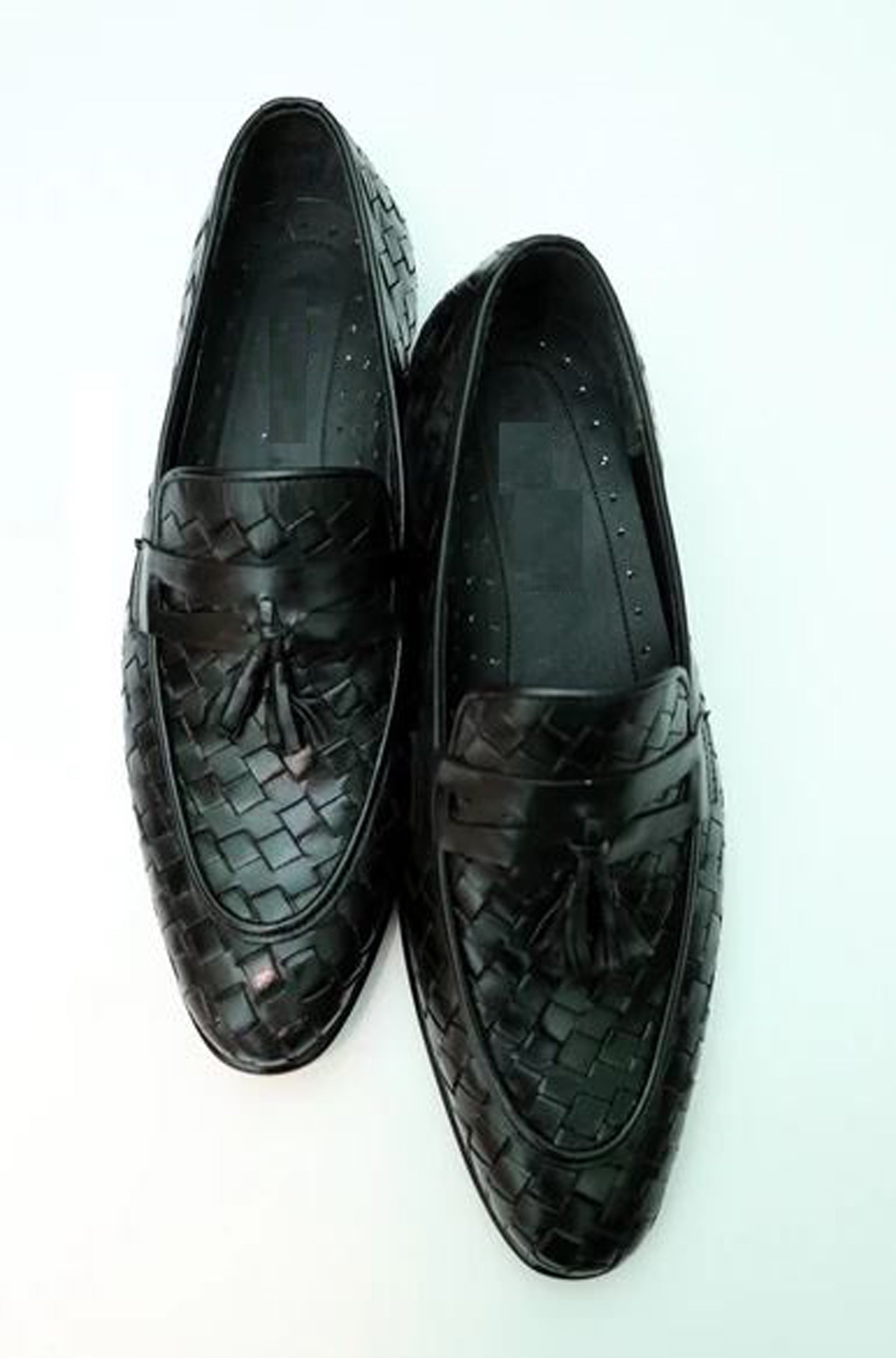 Handmade Black Color Genuine Weaved Calf Leather Stylish Slip On Tasseled Loafers Dress Shoes For Men's