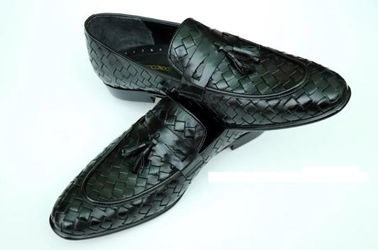 Handmade Black Color Genuine Weaved Calf Leather Stylish Slip On Tasseled Loafers Dress Shoes For Men's