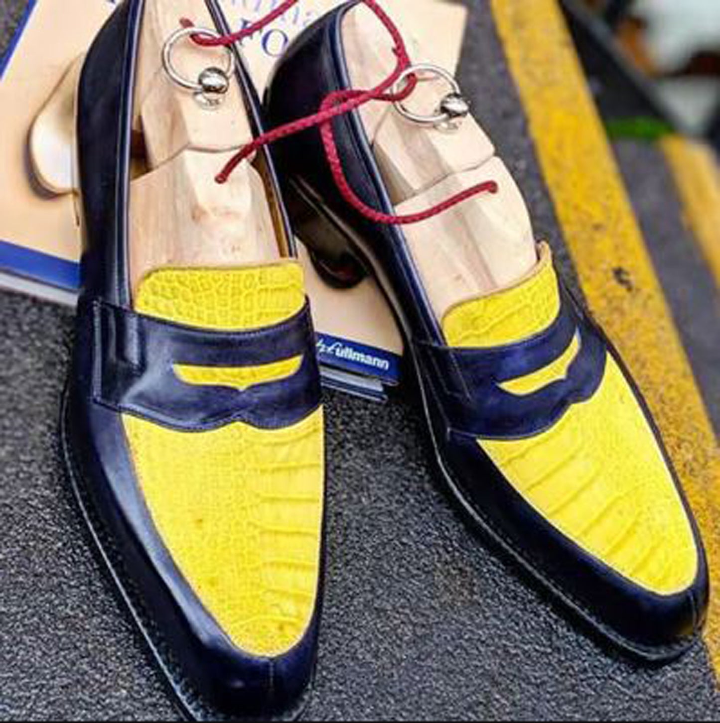 Handmade Yellow & black Color Genuine Leather Stylish Slip On Loafers Dress Shoes For Men's