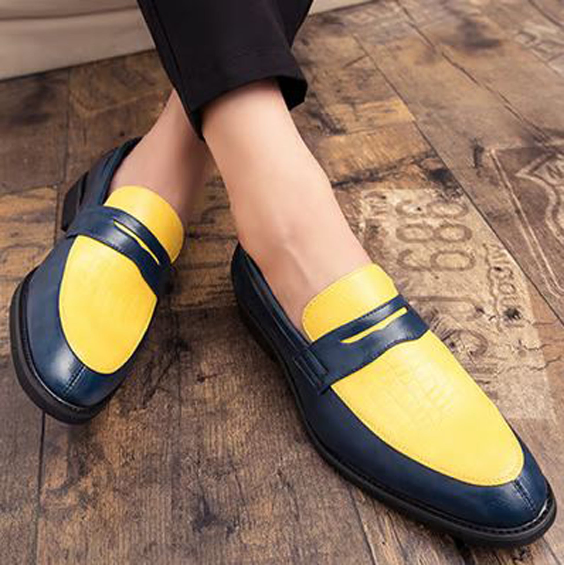 Handmade Yellow & black Color Genuine Leather Stylish Slip On Loafers Dress Shoes For Men's